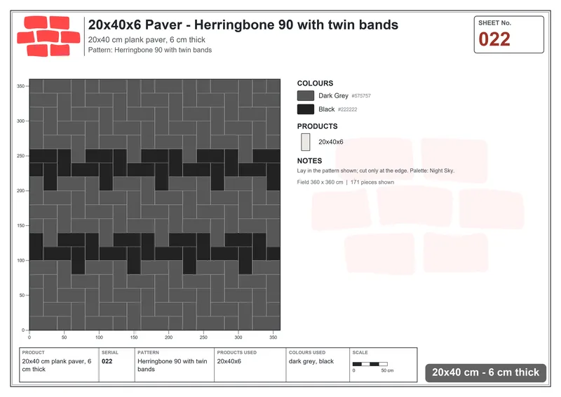 Interlock (Pasco) 20x40 cm · RC24-22 · Herringbone 90 with twin bands · Laying plan Interlock (Pasco) 20x40 cm · RC24-22 · Herringbone 90 with twin bands · Laying plan