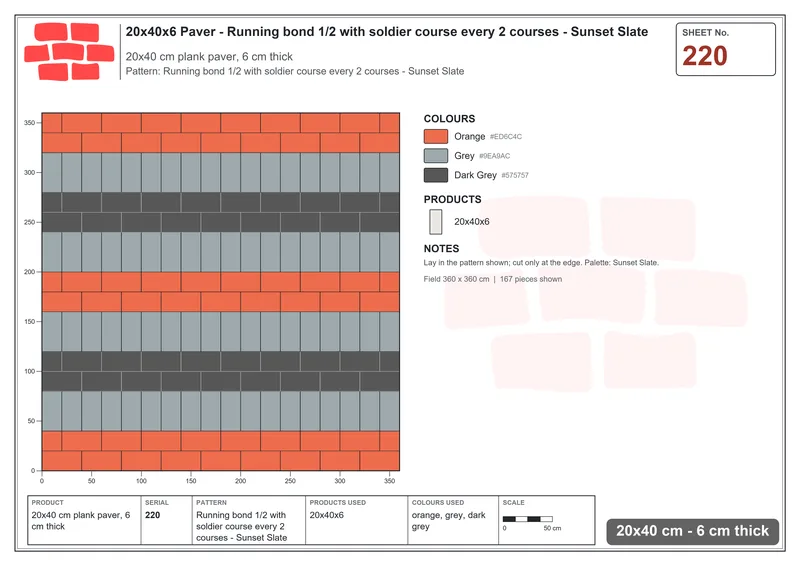 Interlock (Pasco) 20x40 cm · RC24-220 · Running bond 1/2 with soldier course every 2 courses - Sunset Slate · Laying plan Interlock (Pasco) 20x40 cm · RC24-220 · Running bond 1/2 with soldier course every 2 courses - Sunset Slate · Laying plan