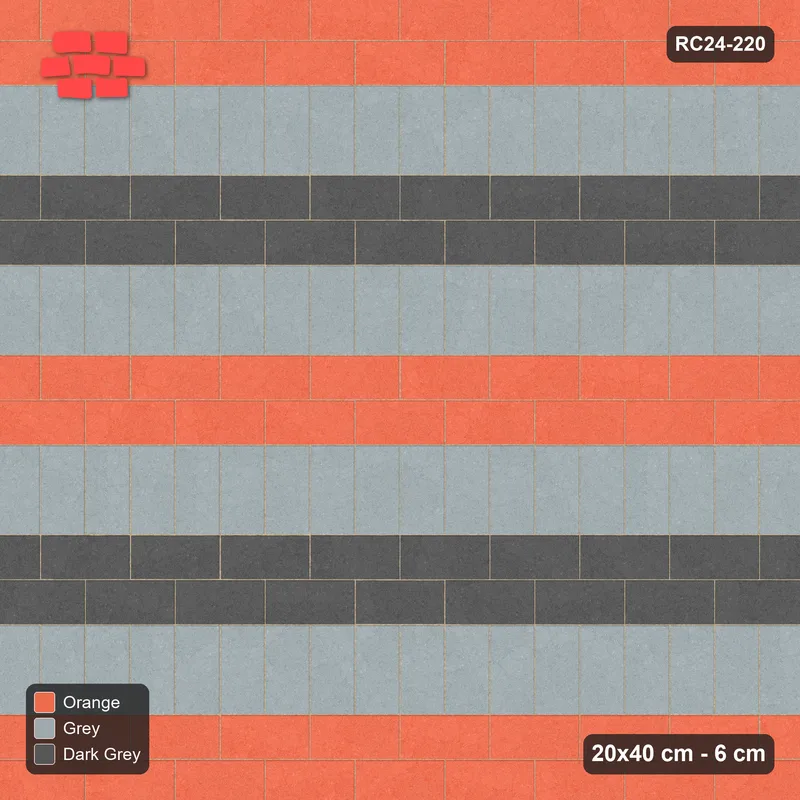Interlock (Pasco) 20x40 cm · RC24-220 · Running bond 1/2 with soldier course every 2 courses - Sunset Slate · Top view Interlock (Pasco) 20x40 cm · RC24-220 · Running bond 1/2 with soldier course every 2 courses - Sunset Slate · Top view