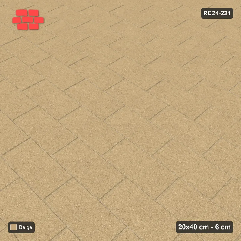 Interlock (Pasco) 20x40 cm · RC24-221 · Running bond 1/2, solid colour with kerb frame - Sand · Side view Interlock (Pasco) 20x40 cm · RC24-221 · Running bond 1/2, solid colour with kerb frame - Sand · Side view
