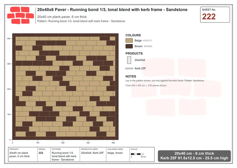 Interlock (Pasco) 20x40 cm · RC24-222 · Running bond 1/3, tonal blend with kerb frame - Sandstone · Laying plan Interlock (Pasco) 20x40 cm · RC24-222 · Running bond 1/3, tonal blend with kerb frame - Sandstone · Laying plan