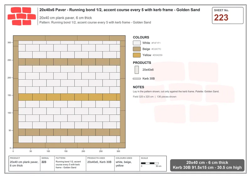 Interlock (Pasco) 20x40 cm · RC24-223 · Running bond 1/2, accent course every 5 with kerb frame - Golden Sand · Laying plan Interlock (Pasco) 20x40 cm · RC24-223 · Running bond 1/2, accent course every 5 with kerb frame - Golden Sand · Laying plan