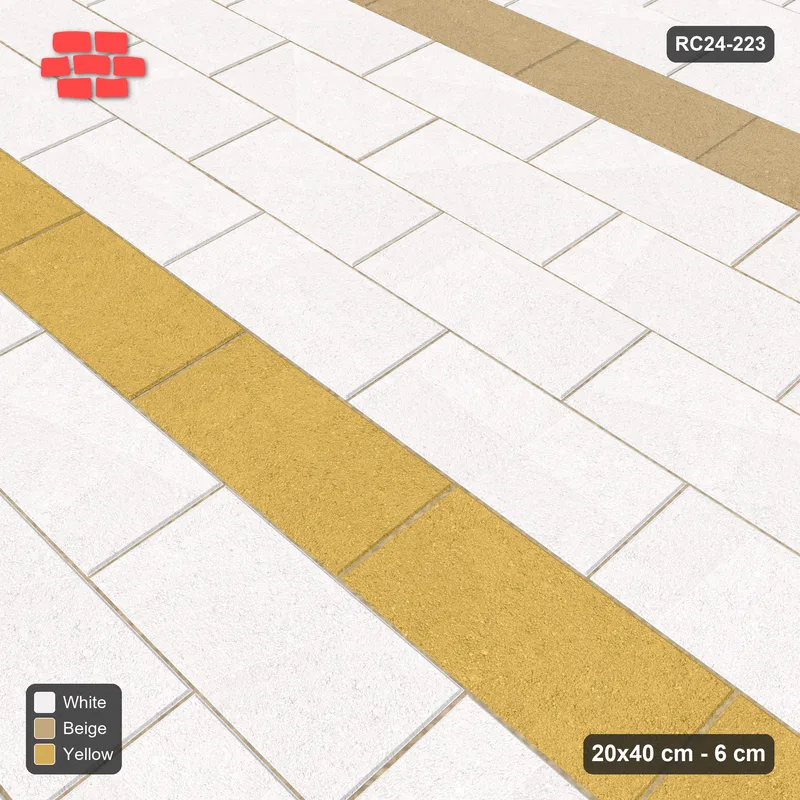Interlock (Pasco) 20x40 cm · RC24-223 · Running bond 1/2, accent course every 5 with kerb frame - Golden Sand · Side view Interlock (Pasco) 20x40 cm · RC24-223 · Running bond 1/2, accent course every 5 with kerb frame - Golden Sand · Side view