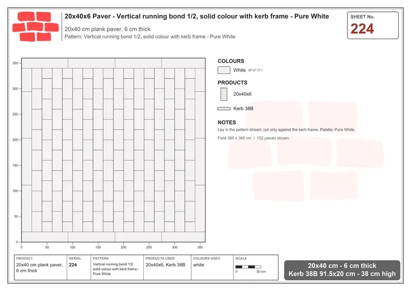 Interlock (Pasco) 20x40 cm · RC24-224 · Vertical running bond 1/2, solid colour with kerb frame - Pure White · Laying plan Interlock (Pasco) 20x40 cm · RC24-224 · Vertical running bond 1/2, solid colour with kerb frame - Pure White · Laying plan