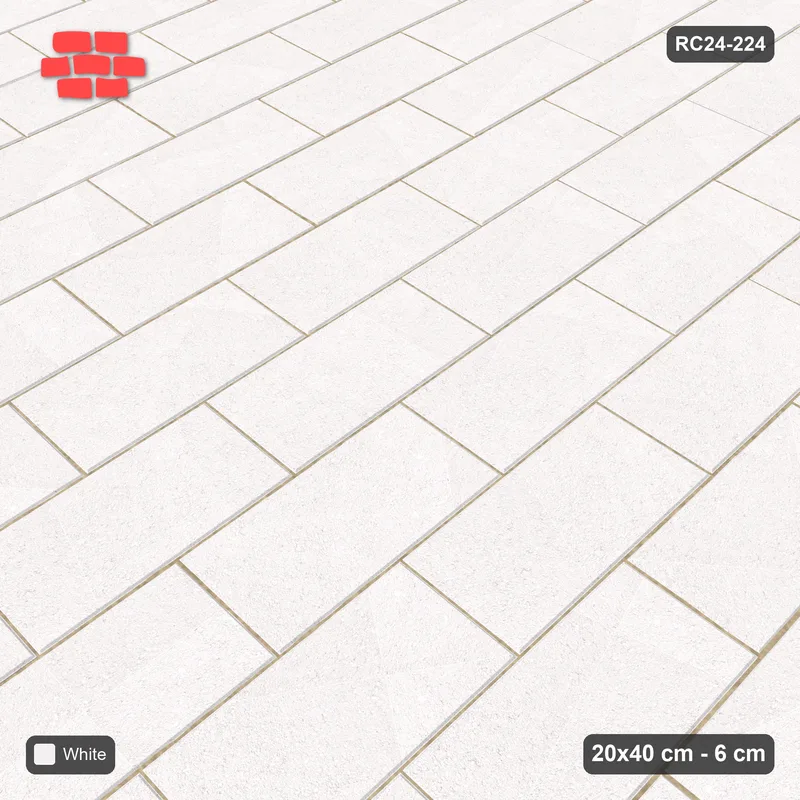 Interlock (Pasco) 20x40 cm · RC24-224 · Vertical running bond 1/2, solid colour with kerb frame - Pure White · Side view Interlock (Pasco) 20x40 cm · RC24-224 · Vertical running bond 1/2, solid colour with kerb frame - Pure White · Side view