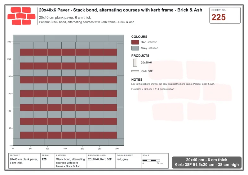 Interlock (Pasco) 20x40 cm · RC24-225 · Stack bond, alternating courses with kerb frame - Brick & Ash · Laying plan Interlock (Pasco) 20x40 cm · RC24-225 · Stack bond, alternating courses with kerb frame - Brick & Ash · Laying plan