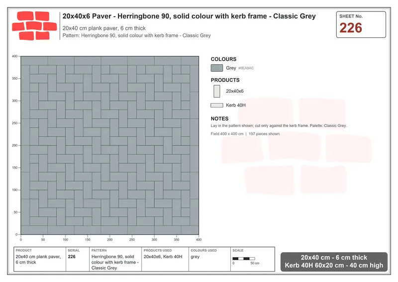 Interlock (Pasco) 20x40 cm · RC24-226 · Herringbone 90, solid colour with kerb frame - Classic Grey · Laying plan Interlock (Pasco) 20x40 cm · RC24-226 · Herringbone 90, solid colour with kerb frame - Classic Grey · Laying plan