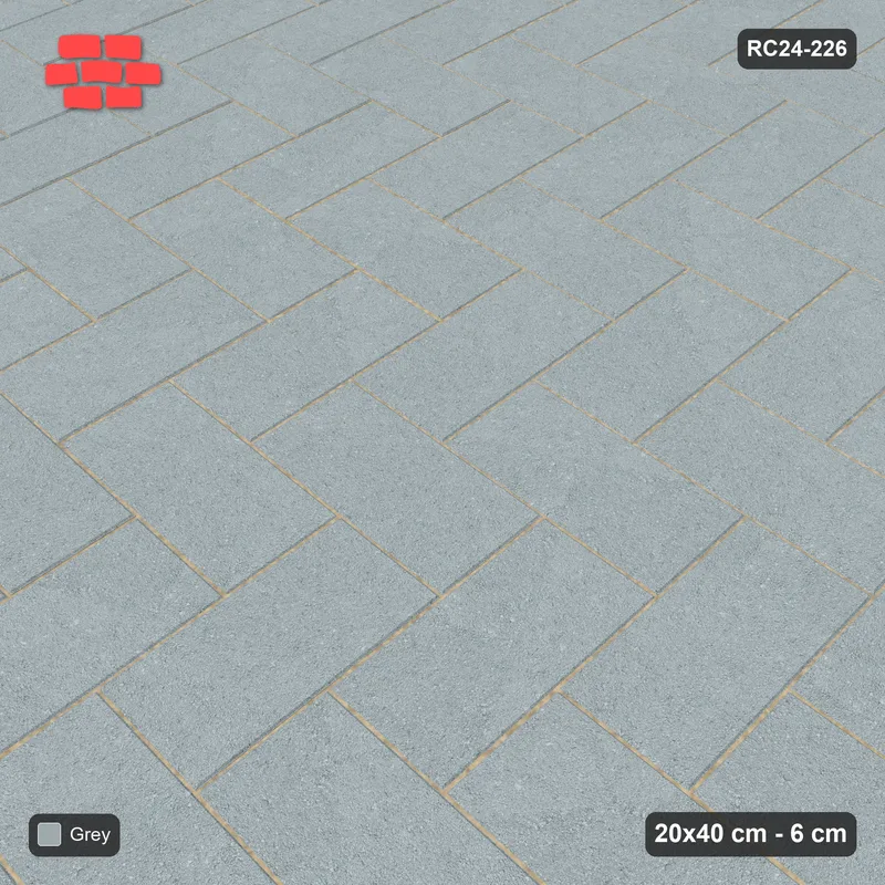Interlock (Pasco) 20x40 cm · RC24-226 · Herringbone 90, solid colour with kerb frame - Classic Grey · Side view Interlock (Pasco) 20x40 cm · RC24-226 · Herringbone 90, solid colour with kerb frame - Classic Grey · Side view