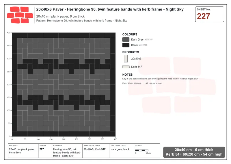 Interlock (Pasco) 20x40 cm · RC24-227 · Herringbone 90, twin feature bands with kerb frame - Night Sky · Laying plan Interlock (Pasco) 20x40 cm · RC24-227 · Herringbone 90, twin feature bands with kerb frame - Night Sky · Laying plan