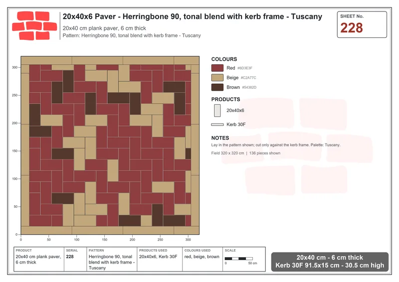 Interlock (Pasco) 20x40 cm · RC24-228 · Herringbone 90, tonal blend with kerb frame - Tuscany · Laying plan Interlock (Pasco) 20x40 cm · RC24-228 · Herringbone 90, tonal blend with kerb frame - Tuscany · Laying plan