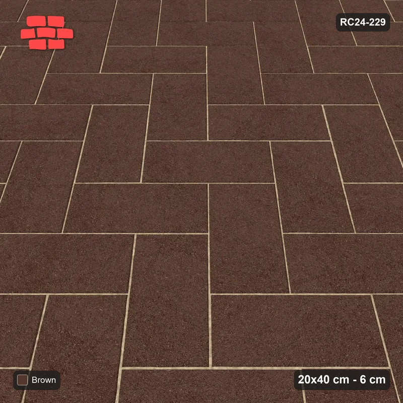 Interlock (Pasco) 20x40 cm · RC24-229 · Herringbone 45, solid colour with kerb frame - Earth Brown · Side view Interlock (Pasco) 20x40 cm · RC24-229 · Herringbone 45, solid colour with kerb frame - Earth Brown · Side view