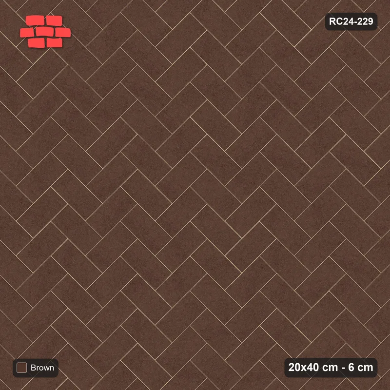 Interlock (Pasco) 20x40 cm · RC24-229 · Herringbone 45, solid colour with kerb frame - Earth Brown · Top view Interlock (Pasco) 20x40 cm · RC24-229 · Herringbone 45, solid colour with kerb frame - Earth Brown · Top view