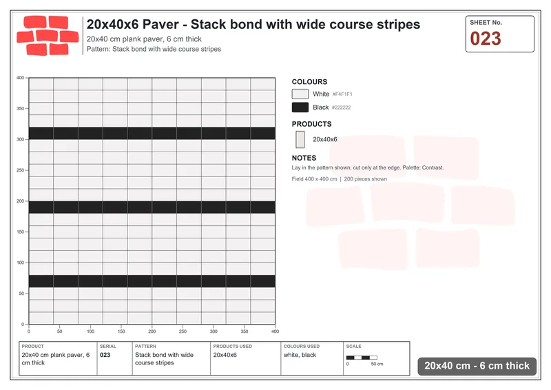 Interlock (Pasco) 20x40 cm · RC24-23 · Stack bond with wide course stripes · Laying plan Interlock (Pasco) 20x40 cm · RC24-23 · Stack bond with wide course stripes · Laying plan