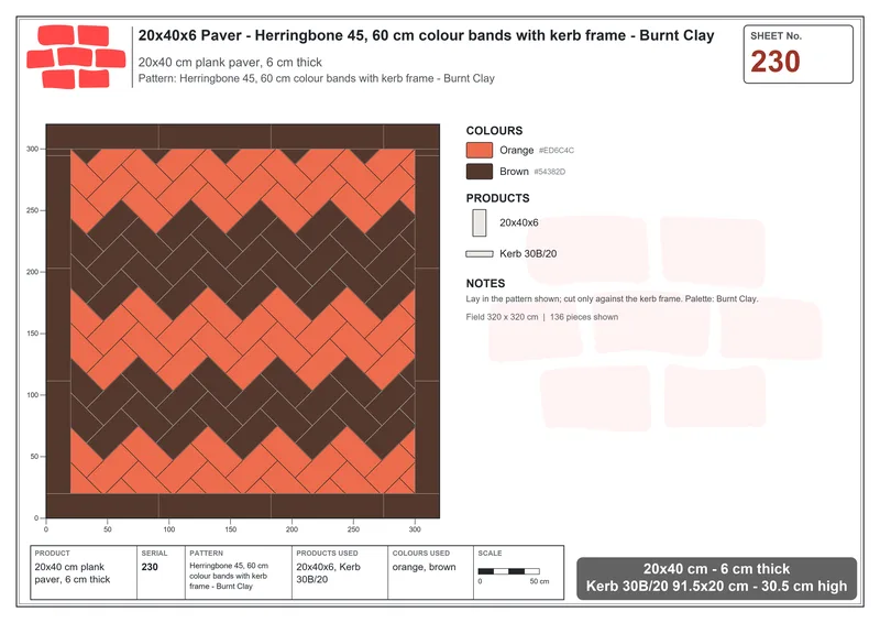 Interlock (Pasco) 20x40 cm · RC24-230 · Herringbone 45, 60 cm colour bands with kerb frame - Burnt Clay · Laying plan Interlock (Pasco) 20x40 cm · RC24-230 · Herringbone 45, 60 cm colour bands with kerb frame - Burnt Clay · Laying plan