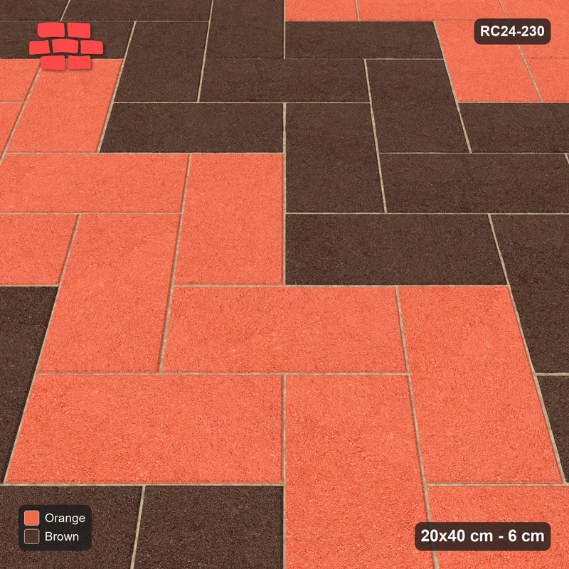 Interlock (Pasco) 20x40 cm · RC24-230 · Herringbone 45, 60 cm colour bands with kerb frame - Burnt Clay · Side view Interlock (Pasco) 20x40 cm · RC24-230 · Herringbone 45, 60 cm colour bands with kerb frame - Burnt Clay · Side view
