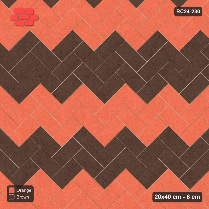 Interlock (Pasco) 20x40 cm · RC24-230 · Herringbone 45, 60 cm colour bands with kerb frame - Burnt Clay · Top view Interlock (Pasco) 20x40 cm · RC24-230 · Herringbone 45, 60 cm colour bands with kerb frame - Burnt Clay · Top view