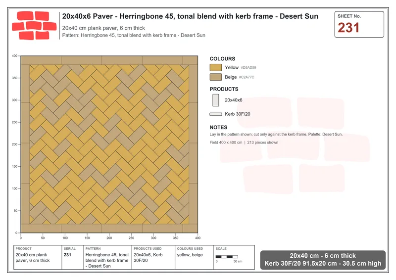 Interlock (Pasco) 20x40 cm · RC24-231 · Herringbone 45, tonal blend with kerb frame - Desert Sun · Laying plan Interlock (Pasco) 20x40 cm · RC24-231 · Herringbone 45, tonal blend with kerb frame - Desert Sun · Laying plan