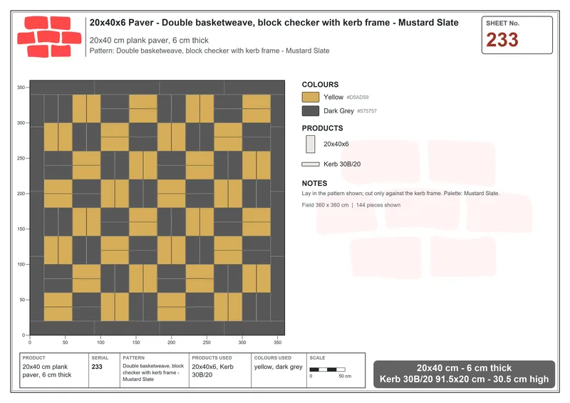 Interlock (Pasco) 20x40 cm · RC24-233 · Double basketweave, block checker with kerb frame - Mustard Slate · Laying plan Interlock (Pasco) 20x40 cm · RC24-233 · Double basketweave, block checker with kerb frame - Mustard Slate · Laying plan