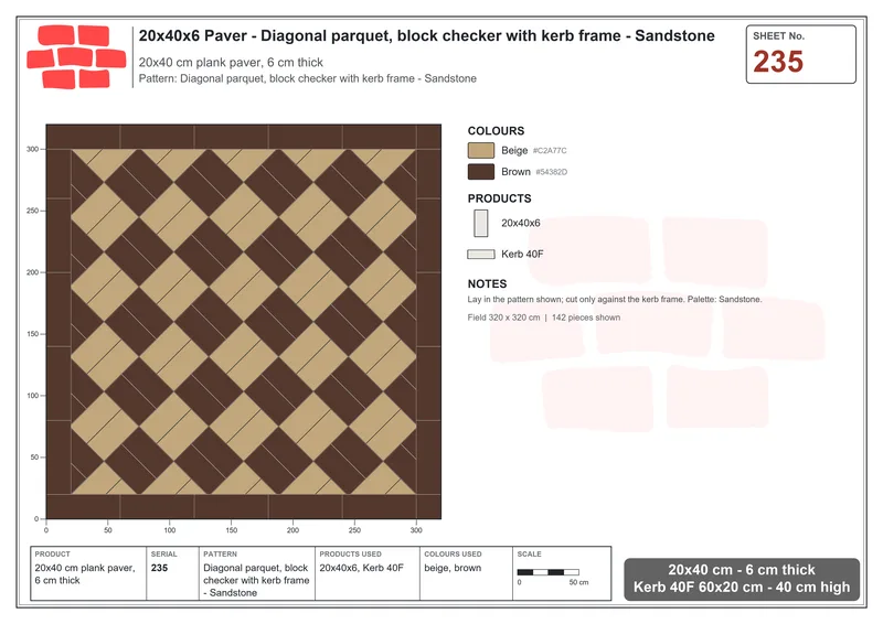 Interlock (Pasco) 20x40 cm · RC24-235 · Diagonal parquet, block checker with kerb frame - Sandstone · Laying plan Interlock (Pasco) 20x40 cm · RC24-235 · Diagonal parquet, block checker with kerb frame - Sandstone · Laying plan