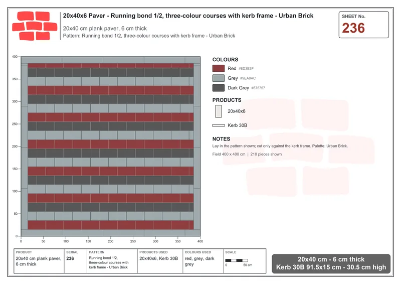 Interlock (Pasco) 20x40 cm · RC24-236 · Running bond 1/2, three-colour courses with kerb frame - Urban Brick · Laying plan Interlock (Pasco) 20x40 cm · RC24-236 · Running bond 1/2, three-colour courses with kerb frame - Urban Brick · Laying plan