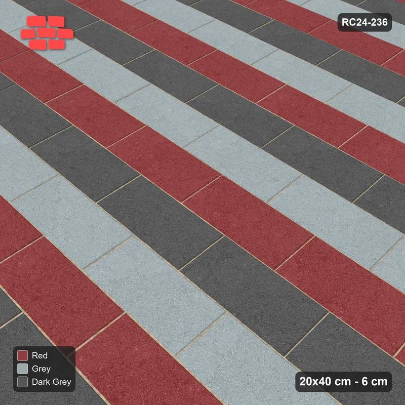 Interlock (Pasco) 20x40 cm · RC24-236 · Running bond 1/2, three-colour courses with kerb frame - Urban Brick · Side view Interlock (Pasco) 20x40 cm · RC24-236 · Running bond 1/2, three-colour courses with kerb frame - Urban Brick · Side view