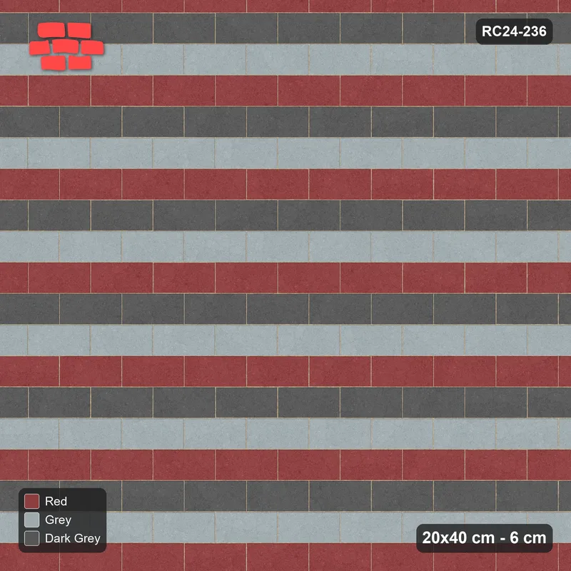 Interlock (Pasco) 20x40 cm · RC24-236 · Running bond 1/2, three-colour courses with kerb frame - Urban Brick · Top view Interlock (Pasco) 20x40 cm · RC24-236 · Running bond 1/2, three-colour courses with kerb frame - Urban Brick · Top view