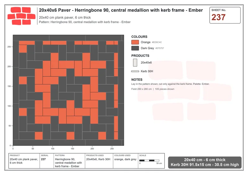 Interlock (Pasco) 20x40 cm · RC24-237 · Herringbone 90, central medallion with kerb frame - Ember · Laying plan Interlock (Pasco) 20x40 cm · RC24-237 · Herringbone 90, central medallion with kerb frame - Ember · Laying plan