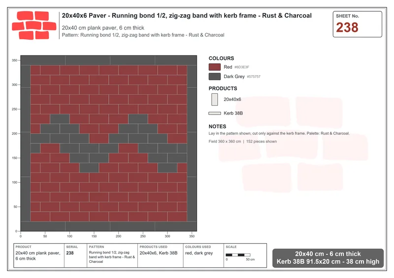Interlock (Pasco) 20x40 cm · RC24-238 · Running bond 1/2, zig-zag band with kerb frame - Rust & Charcoal · Laying plan Interlock (Pasco) 20x40 cm · RC24-238 · Running bond 1/2, zig-zag band with kerb frame - Rust & Charcoal · Laying plan