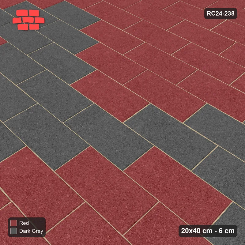 Interlock (Pasco) 20x40 cm · RC24-238 · Running bond 1/2, zig-zag band with kerb frame - Rust & Charcoal · Side view Interlock (Pasco) 20x40 cm · RC24-238 · Running bond 1/2, zig-zag band with kerb frame - Rust & Charcoal · Side view