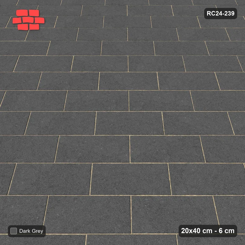 Interlock (Pasco) 20x40 cm · RC24-239 · Running bond 45, solid colour with kerb frame - Charcoal · Side view Interlock (Pasco) 20x40 cm · RC24-239 · Running bond 45, solid colour with kerb frame - Charcoal · Side view