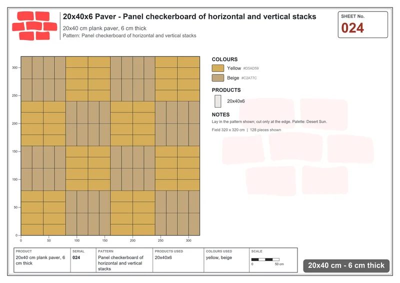 Interlock (Pasco) 20x40 cm · RC24-24 · Panel checkerboard of horizontal and vertical stacks · Laying plan Interlock (Pasco) 20x40 cm · RC24-24 · Panel checkerboard of horizontal and vertical stacks · Laying plan