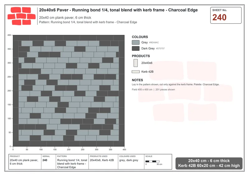 Interlock (Pasco) 20x40 cm · RC24-240 · Running bond 1/4, tonal blend with kerb frame - Charcoal Edge · Laying plan Interlock (Pasco) 20x40 cm · RC24-240 · Running bond 1/4, tonal blend with kerb frame - Charcoal Edge · Laying plan