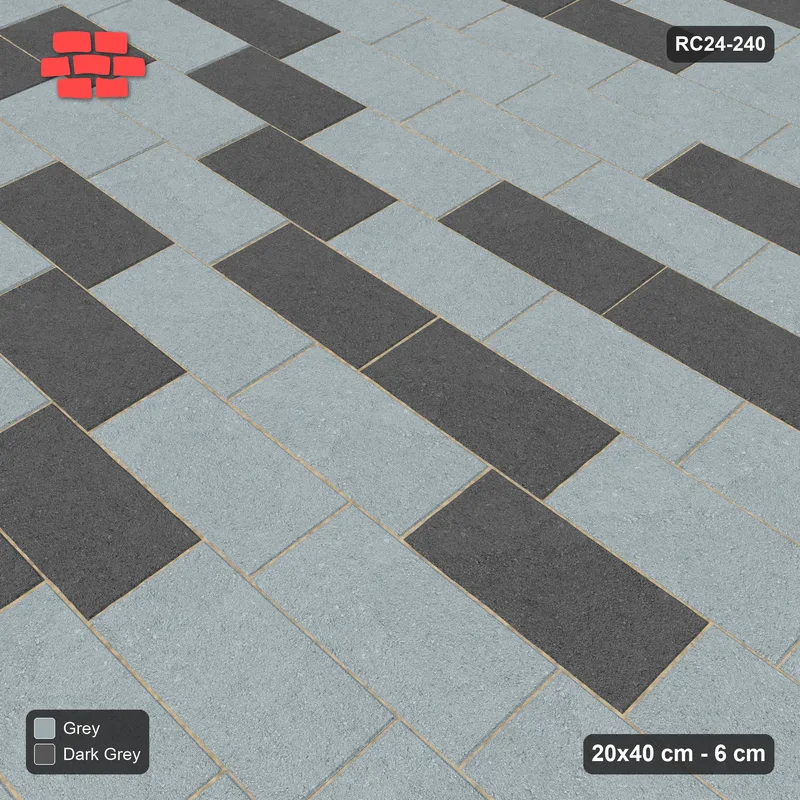 Interlock (Pasco) 20x40 cm · RC24-240 · Running bond 1/4, tonal blend with kerb frame - Charcoal Edge · Side view Interlock (Pasco) 20x40 cm · RC24-240 · Running bond 1/4, tonal blend with kerb frame - Charcoal Edge · Side view