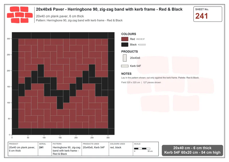 Interlock (Pasco) 20x40 cm · RC24-241 · Herringbone 90, zig-zag band with kerb frame - Red & Black · Laying plan Interlock (Pasco) 20x40 cm · RC24-241 · Herringbone 90, zig-zag band with kerb frame - Red & Black · Laying plan