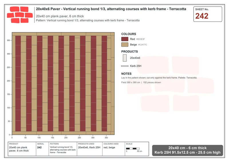 Interlock (Pasco) 20x40 cm · RC24-242 · Vertical running bond 1/3, alternating courses with kerb frame - Terracotta · Laying plan Interlock (Pasco) 20x40 cm · RC24-242 · Vertical running bond 1/3, alternating courses with kerb frame - Terracotta · Laying plan