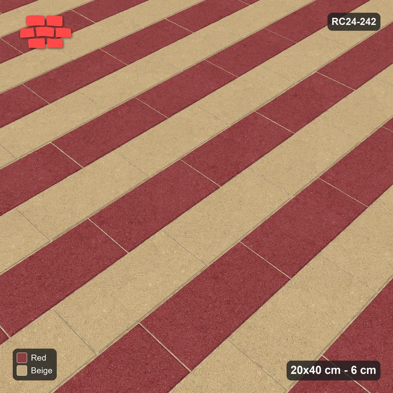Interlock (Pasco) 20x40 cm · RC24-242 · Vertical running bond 1/3, alternating courses with kerb frame - Terracotta · Side view Interlock (Pasco) 20x40 cm · RC24-242 · Vertical running bond 1/3, alternating courses with kerb frame - Terracotta · Side view