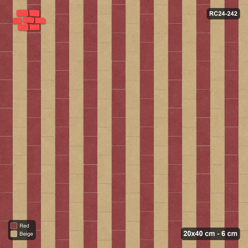 Interlock (Pasco) 20x40 cm · RC24-242 · Vertical running bond 1/3, alternating courses with kerb frame - Terracotta · Top view Interlock (Pasco) 20x40 cm · RC24-242 · Vertical running bond 1/3, alternating courses with kerb frame - Terracotta · Top view