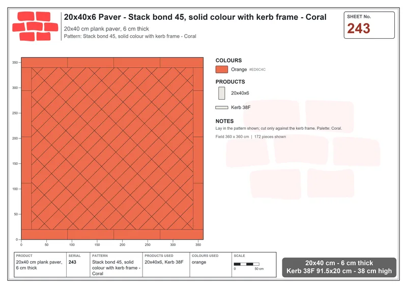 Interlock (Pasco) 20x40 cm · RC24-243 · Stack bond 45, solid colour with kerb frame - Coral · Laying plan Interlock (Pasco) 20x40 cm · RC24-243 · Stack bond 45, solid colour with kerb frame - Coral · Laying plan