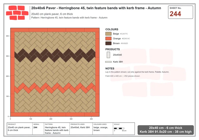 Interlock (Pasco) 20x40 cm · RC24-244 · Herringbone 45, twin feature bands with kerb frame - Autumn · Laying plan Interlock (Pasco) 20x40 cm · RC24-244 · Herringbone 45, twin feature bands with kerb frame - Autumn · Laying plan