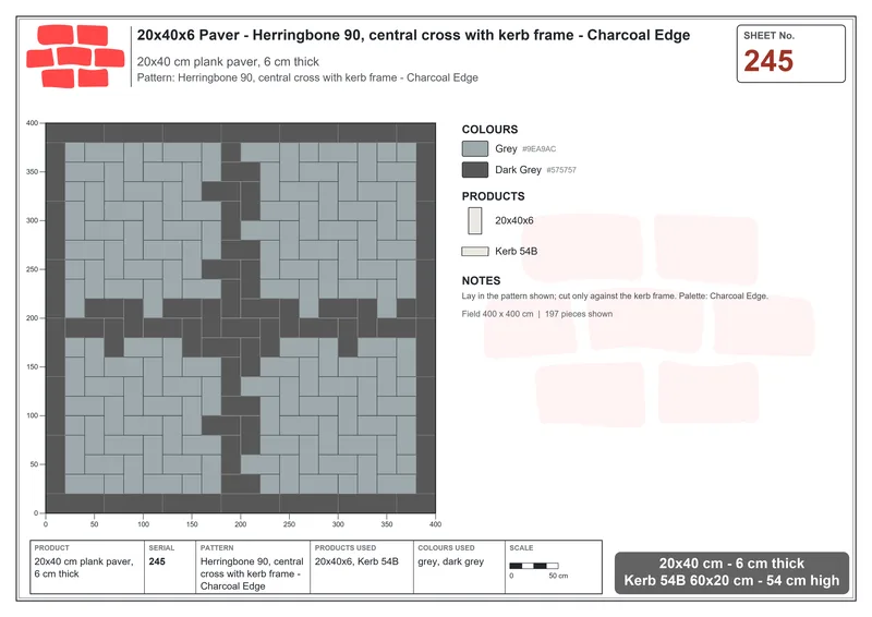 Interlock (Pasco) 20x40 cm · RC24-245 · Herringbone 90, central cross with kerb frame - Charcoal Edge · Laying plan Interlock (Pasco) 20x40 cm · RC24-245 · Herringbone 90, central cross with kerb frame - Charcoal Edge · Laying plan