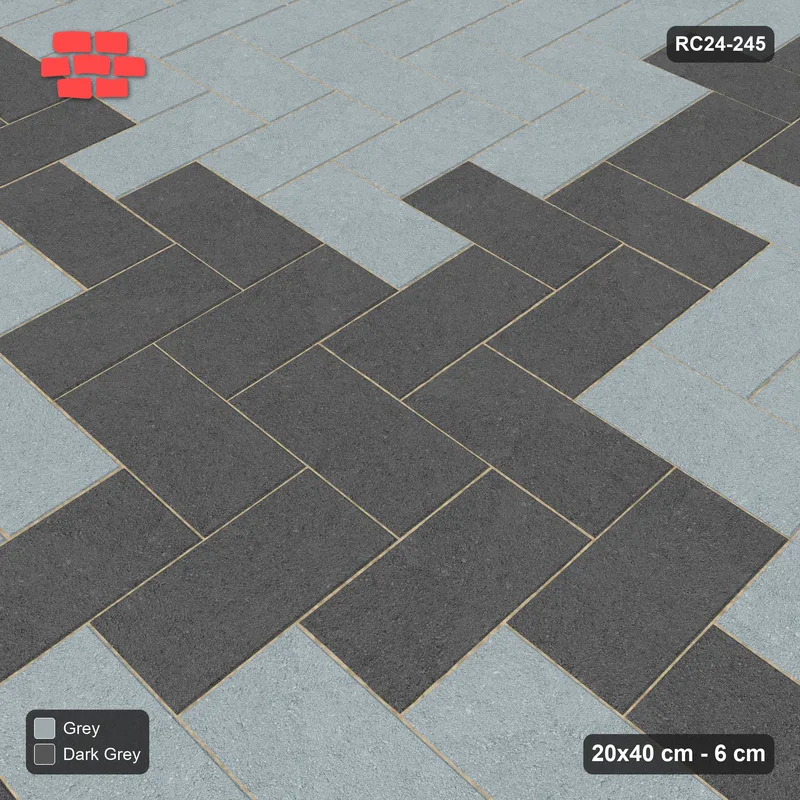 Interlock (Pasco) 20x40 cm · RC24-245 · Herringbone 90, central cross with kerb frame - Charcoal Edge · Side view Interlock (Pasco) 20x40 cm · RC24-245 · Herringbone 90, central cross with kerb frame - Charcoal Edge · Side view