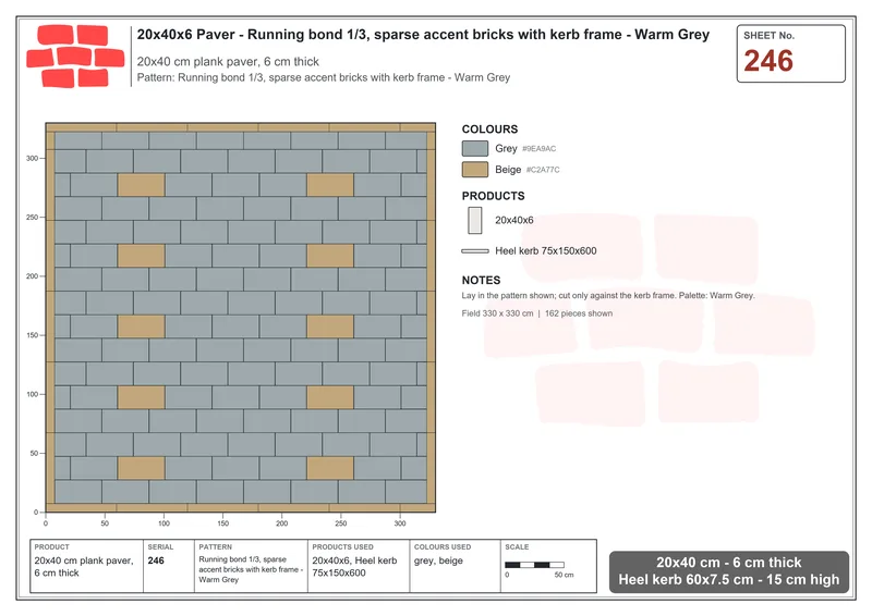Interlock (Pasco) 20x40 cm · RC24-246 · Running bond 1/3, sparse accent bricks with kerb frame - Warm Grey · Laying plan Interlock (Pasco) 20x40 cm · RC24-246 · Running bond 1/3, sparse accent bricks with kerb frame - Warm Grey · Laying plan