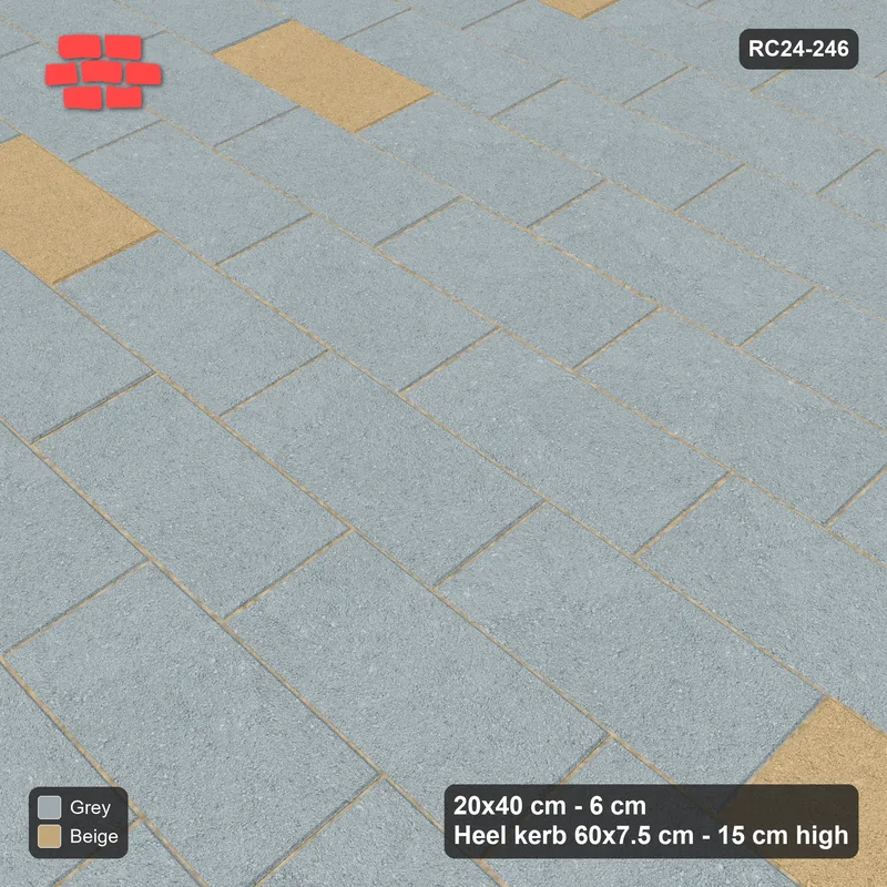 Interlock (Pasco) 20x40 cm · RC24-246 · Running bond 1/3, sparse accent bricks with kerb frame - Warm Grey · Side view Interlock (Pasco) 20x40 cm · RC24-246 · Running bond 1/3, sparse accent bricks with kerb frame - Warm Grey · Side view