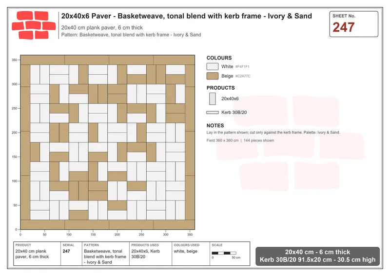 Interlock (Pasco) 20x40 cm · RC24-247 · Basketweave, tonal blend with kerb frame - Ivory & Sand · Laying plan Interlock (Pasco) 20x40 cm · RC24-247 · Basketweave, tonal blend with kerb frame - Ivory & Sand · Laying plan