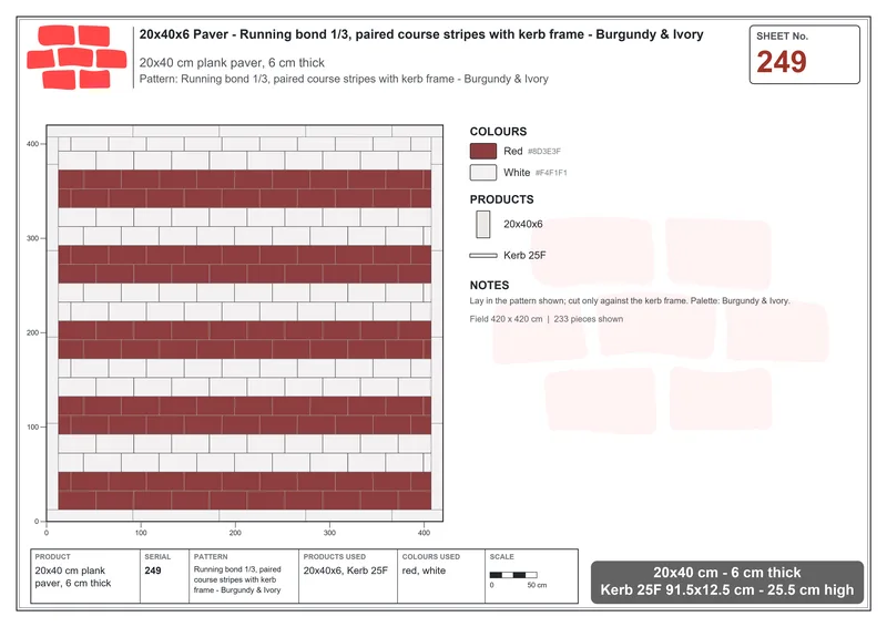 Interlock (Pasco) 20x40 cm · RC24-249 · Running bond 1/3, paired course stripes with kerb frame - Burgundy & Ivory · Laying plan Interlock (Pasco) 20x40 cm · RC24-249 · Running bond 1/3, paired course stripes with kerb frame - Burgundy & Ivory · Laying plan
