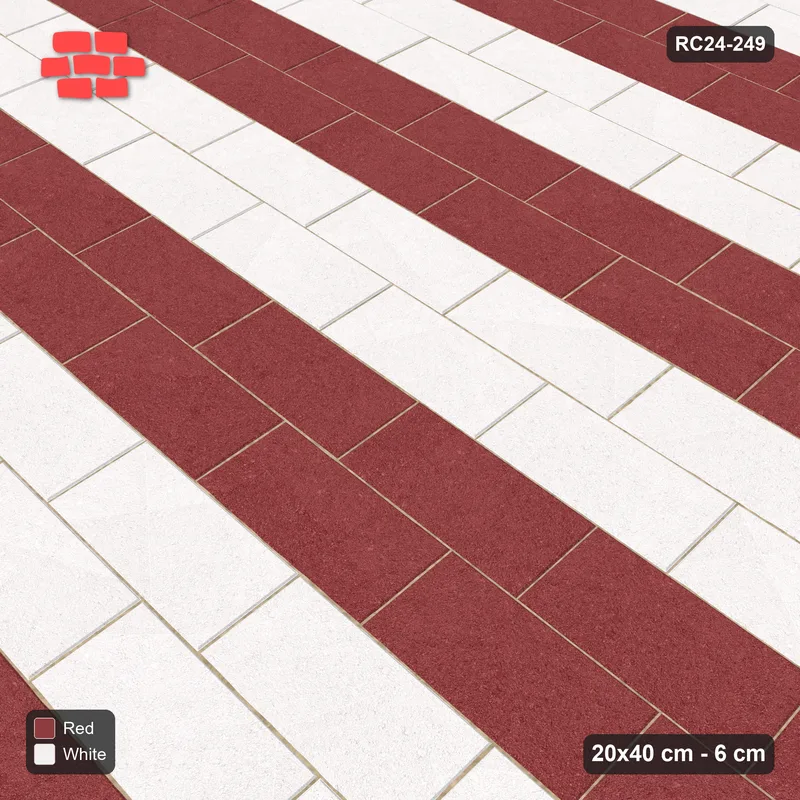 Interlock (Pasco) 20x40 cm · RC24-249 · Running bond 1/3, paired course stripes with kerb frame - Burgundy & Ivory · Side view Interlock (Pasco) 20x40 cm · RC24-249 · Running bond 1/3, paired course stripes with kerb frame - Burgundy & Ivory · Side view