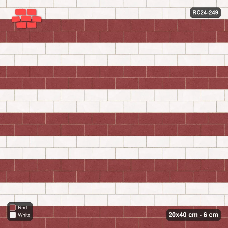 Interlock (Pasco) 20x40 cm · RC24-249 · Running bond 1/3, paired course stripes with kerb frame - Burgundy & Ivory · Top view Interlock (Pasco) 20x40 cm · RC24-249 · Running bond 1/3, paired course stripes with kerb frame - Burgundy & Ivory · Top view