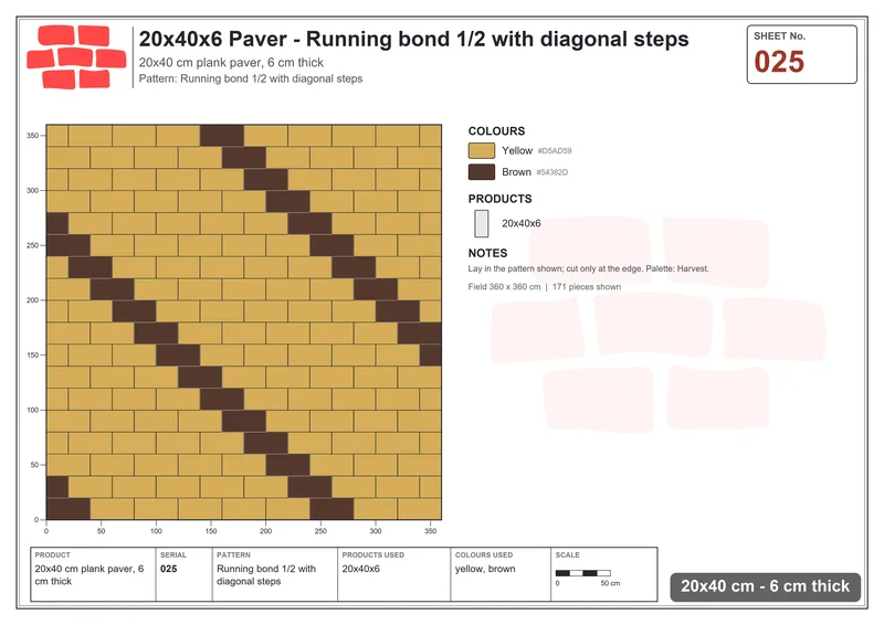 Interlock (Pasco) 20x40 cm · RC24-25 · Running bond 1/2 with diagonal steps · Laying plan Interlock (Pasco) 20x40 cm · RC24-25 · Running bond 1/2 with diagonal steps · Laying plan