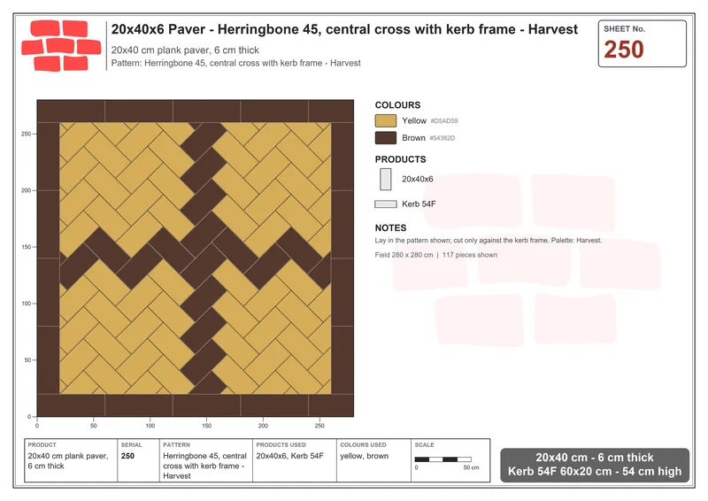 Interlock (Pasco) 20x40 cm · RC24-250 · Herringbone 45, central cross with kerb frame - Harvest · Laying plan Interlock (Pasco) 20x40 cm · RC24-250 · Herringbone 45, central cross with kerb frame - Harvest · Laying plan