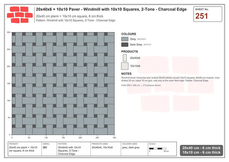 Interlock (Pasco) 20x40 cm · RC24-251 · Windmill with 10x10 Squares, 2-Tone - Charcoal Edge · Laying plan Interlock (Pasco) 20x40 cm · RC24-251 · Windmill with 10x10 Squares, 2-Tone - Charcoal Edge · Laying plan